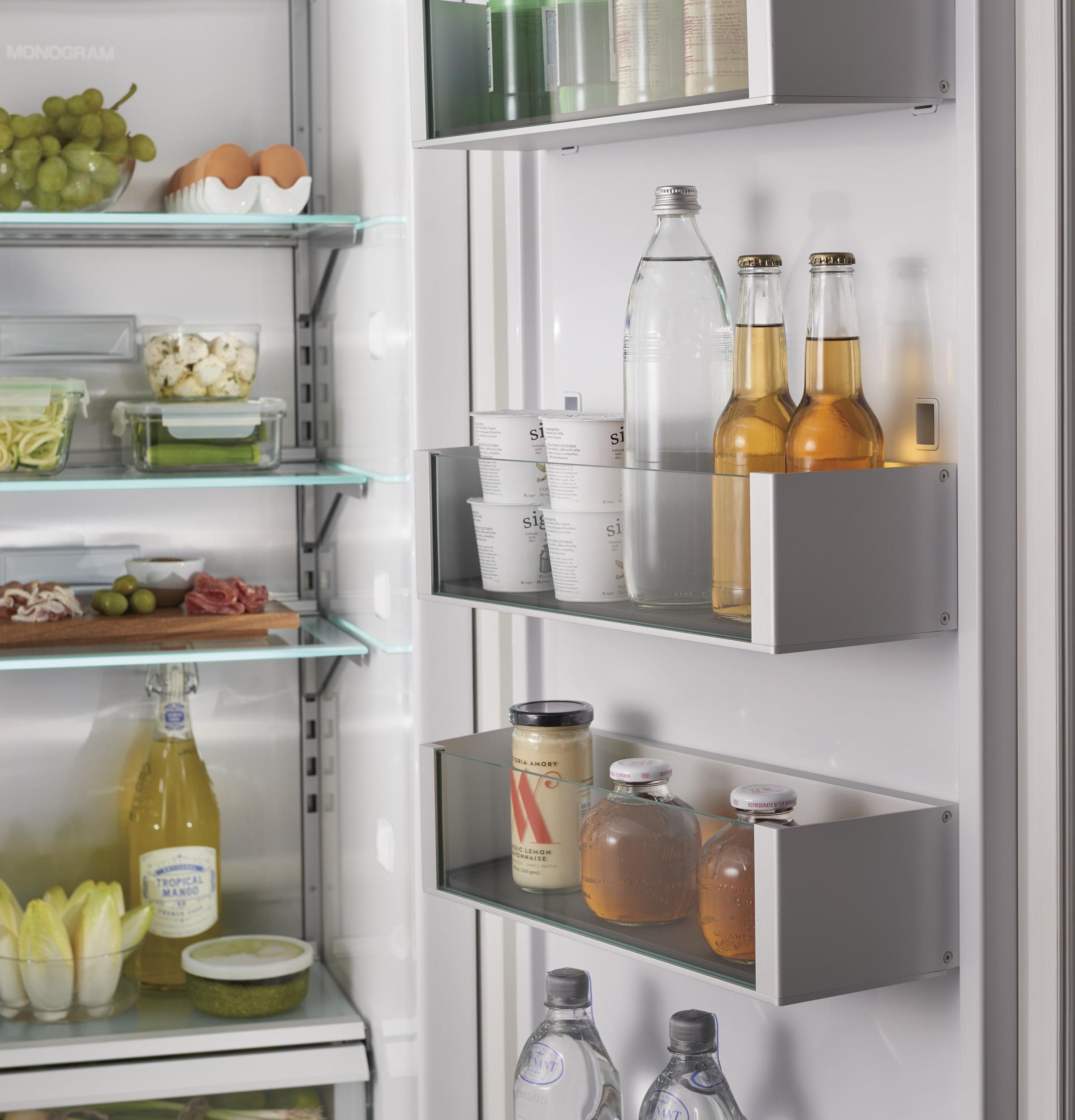 Finely crafted, adjustable aluminum door bins with glass accents