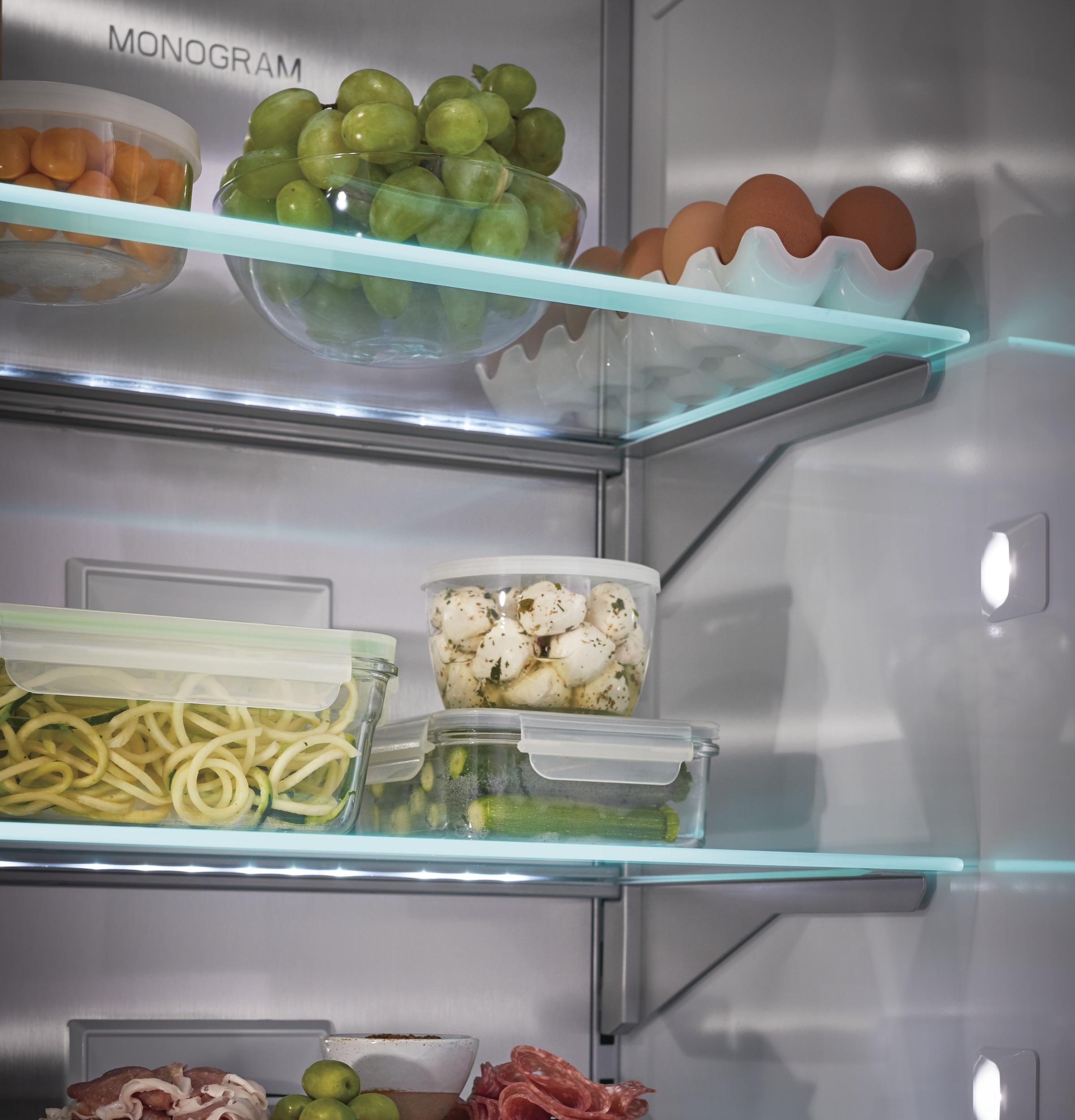 Adjustable, hydrophobic, spill-resistant glass shelves with integrated LED lighting