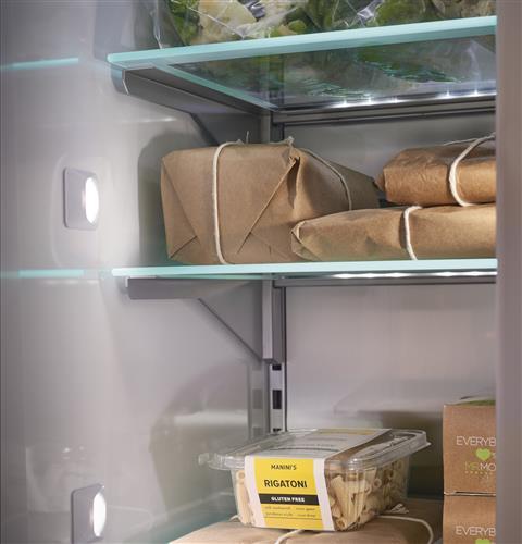 Adjustable, hydrophobic, spill-resistant glass shelves with integrated LED lighting