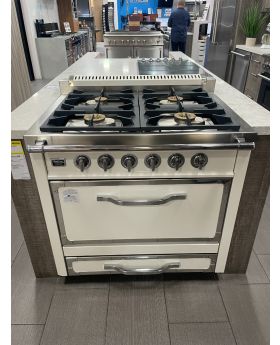 Viking Tuscany Series TVDR3604BAW 36 Inch Freestanding Professional Dual Fuel Range with 4 Sealed Burners, 3.8 Cu. Ft. Oven Capacity, Storage Drawer, Continuous Grates, Manual Clean, Eight Cooking Functions, TruGlide™ Rack, and Two Oven Lights: Antique Wh
