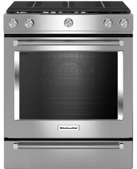 KitchenAid 30 Inch Slide-In Gas Range with 5 Sealed Burners, 5.8 cu ft. Oven Capacity, Storage Drawer True Convection, Steam Clean, 17,000 BTU Burner, and ADA Compliant KSGG700ESS
