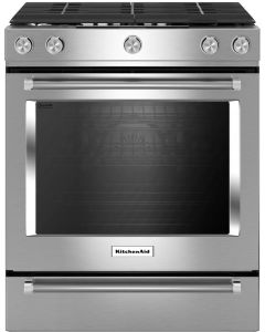 KitchenAid 30 Inch Slide-In Gas Range with 5 Sealed Burners, 5.8 cu ft. Oven Capacity, Storage Drawer True Convection, Steam Clean, 17,000 BTU Burner, and ADA Compliant KSGG700ESS