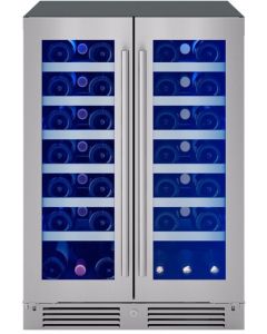 Zephyr PRESRV PRW24C32CG 24 Inch Freestanding/Built-In Undercounter French Door Dual Zone Wine Cooler with 42 Bottles (750 ml) Capacity, 5.2 Cu. Ft. Capacity, Full-Extension Black Wood Racks, 3-Color LED Lighting, 3-Color Electronic Touch Controls, Door L