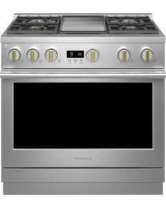 Monogram 36 Inch Freestanding Professional Gas Smart Range with 4 Sealed Burners, 6.2 cu ft Capacity, Continuous Grates, Griddle, Chef Connect, Dynamic Oven LCD, Custom Color LED Accent Lighting, Reversible Wok Grates and ADA ZGP364NDTSS