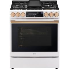 ﻿LG STUDIO LSGS6338N 30 Inch Slide-In Gas Smart Range with 5 Radiant Elements, 6.3 cu. ft. ProBake Convection™ Oven, UltraHeat+™ Element, Air Fry, EasyClean®, and Storage Drawer