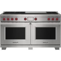 Wolf DF60650F/S/P 60 Inch Dual Fuel Range French Top 6 Dual Stacked Burners Double Oven 10.2 Cu Ft Convection Self Clean Continuous Grates Touch Screen Control Temperature Probe Stainless Pro Natural Gas (Open Box)