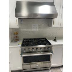 Hestan KRG365NG & KVP42 36 Inch Freestanding Professional Gas Range with 4 Dual-Flow Burner System, 5.8 Cu. Ft. Capacity, Heavy-Duty Cast-Iron Grates, Marquise Accented Handle & 42 Inch Wall Hood CircuFlow Ventilation System 600 CFM Blower