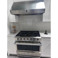 Hestan KRG365-NG 36 Inch Professional Gas Range 5.8 Cu Ft Capacity PureVection Oven 30,000 BTU Burner DualFlow Infrared Broiler Stainless Steel with KVC36 Wall Mount Chimney Hood 600 CFM Blower Accented Marquis Style Custom Overlay Ventilation System