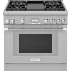 Thermador Pro Harmony Professional 36 Inch Freestanding Dual Fuel Smart Range with 4 Sealed Burners, Integrated Griddle, Self-Clean Mode, Convection, Continuous Grates, and Sabbath Mode PRD364WDHU