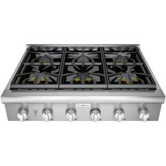 Thermador Professional 36 Inch Gas Rangetop with Pedestal Star Burners, Continuous Cast Iron Grates, 2 ExtraLow® Burners, LED Down Lighting, and Star-K: 36 Inch, 6 Sealed Burners PCG366W 