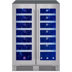 Zephyr PRESRV PRW24C32CG 24 Inch Freestanding/Built-In Undercounter French Door Dual Zone Wine Cooler with 42 Bottles (750 ml) Capacity, 5.2 Cu. Ft. Capacity, Full-Extension Black Wood Racks, 3-Color LED Lighting, 3-Color Electronic Touch Controls, Door L