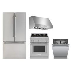 Thermador Premium Kitchen Appliance Package T1 - 30 Inch Pro Harmony 4 Burner Gas Range, Professional Hood, Dishwasher, Refrigerator