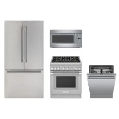Thermador Premium Kitchen Appliance Package T1 - 30 Inch Pro Harmony 5 Burner Gas Range, Microwave OTR Hood, Dishwasher, Refrigerator
