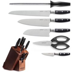 Wolf Gourmet 7 Piece Cutlery Set with 10 Inch Serrated Bread Knife, 8 Inch Chef's Knife, 6.5 Inch Santoku Knife, 3 Inch Paring Knife, Honing Steel, Nonslip Shears and Knife Block WGCU100S