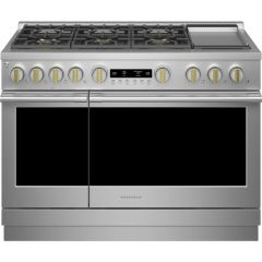 Monogram 48 Inch Freestanding Professional Gas Smart Range with 6 Sealed Burners, Dual Oven, 8.9 cu ft Capacity, Griddle, Chef Connect, Dynamic Oven LCD, Custom Color LED Accent Lighting, Precision Oven Modes, Reversible Wok ADA ZGP486NDTSS